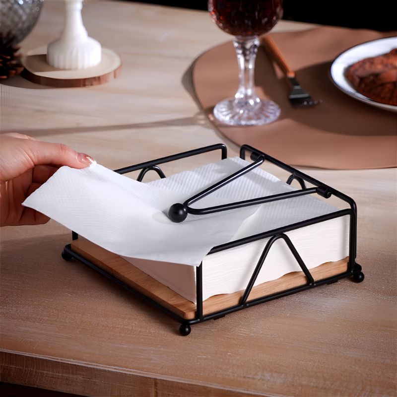 Porta Guardanapo de Mesa Premium em Inox e Bambu